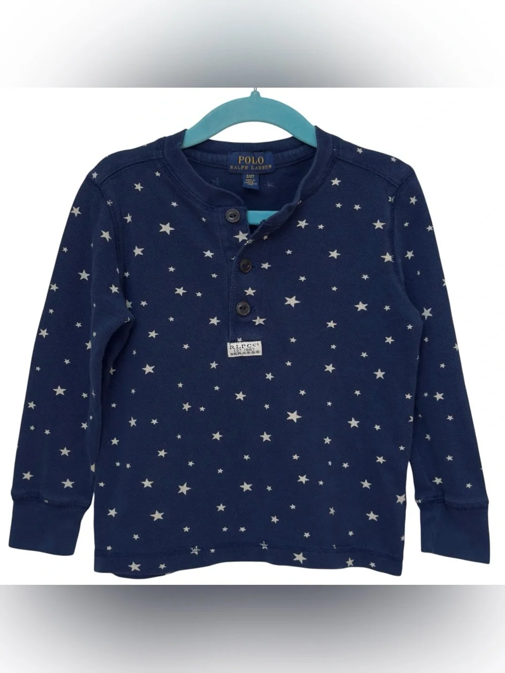 Polo Ralph Lauren Boys Long Sleeve Blue Star Print Cotton Henley Shirt. 2. 2T.